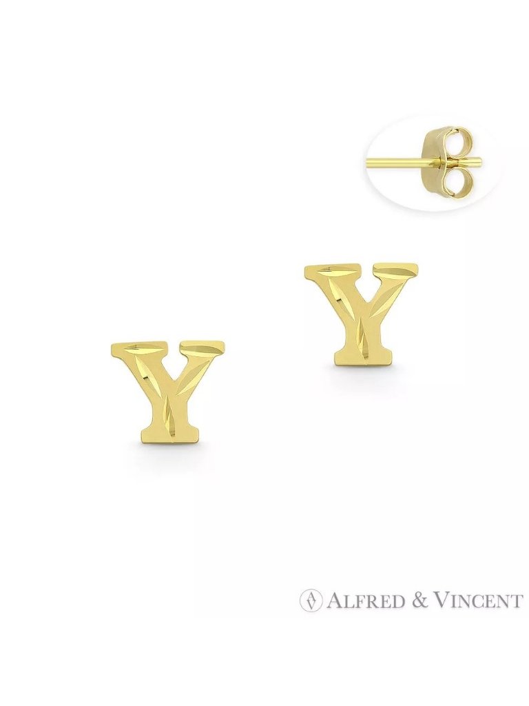 Initial Letter "Y" Stud Earrings With Push-Back Posts In 14k Yellow Gold